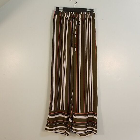 Umgee,wide leg, olive/black/cream/orange striped high waisted pants.  Sm. NWT. - Picture 1 of 4